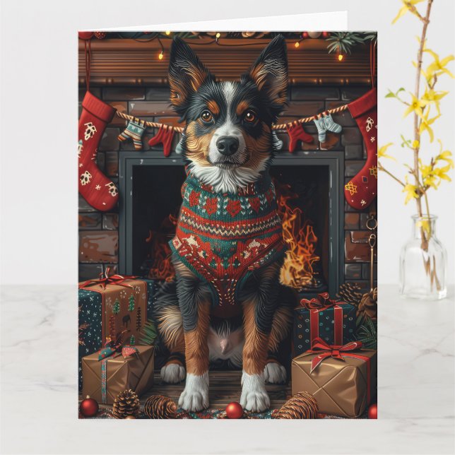 Cartão Australian Kelpie com Presentes de Natal Lareira (Flor Amarela)