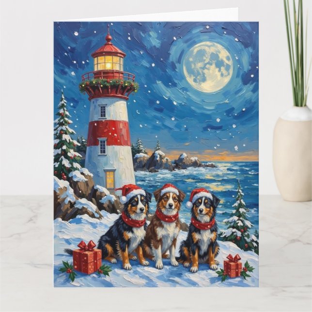 Cartão Australian Shepherd Christmas Lighthouse Holiday (Frente)