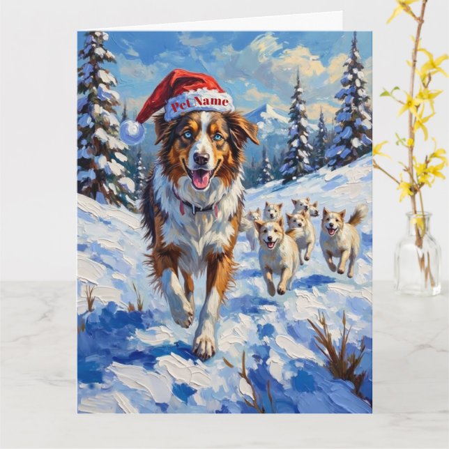 Cartão Australian Shepherd Conduzindo Bolas de Neve com P (Flor Amarela)