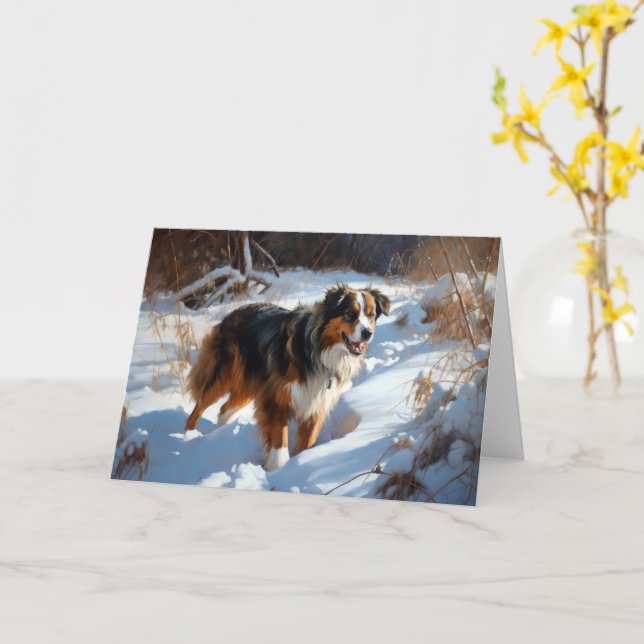 Cartão Australian Shepherd Deixe Cair a Neve Natal (Flor Amarela)