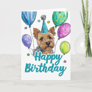 Cartão Australiano Terrier Dog com Balões Aniversário