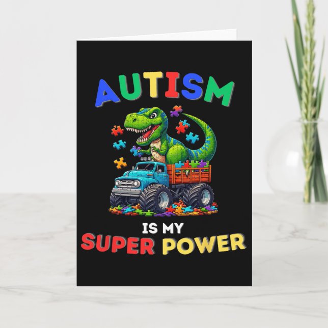 Cartão Autismo do Dinossauro Trex é Meu Superpoder Consci (Frente)