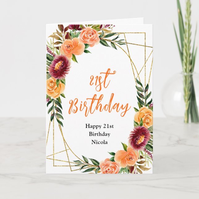 Cartão Autumn Burgundy and Orange Floral Birthday (Frente)