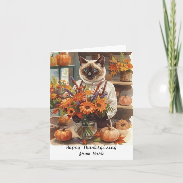 Cartão Autumn Cat com Flores Queda Estação de Ação de Gra (Frente)