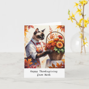 Cartão Autumn Cat com Flores Queda Estação de Ação de Gra