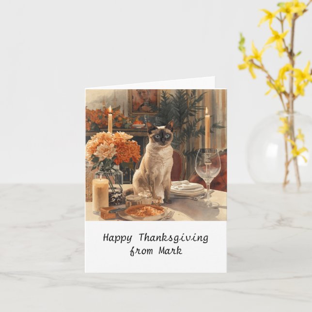 Cartão Autumn chic Siamese Cat Hostess cat em janto (Flor Amarela)