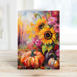 Cartão Autumn Floral e Pumpkins<br><div class="desc">Uma pintura abstrato vibrante e moderna que mostra um arranjo lúdico de abóboras, girassóis e outras folhagens de outono. Matizes ricas do outono como laranja queimado, vermelhos profundos, pinks e amarelos ouros se misturam com pinceladas macios e tons negros de cor. O estilo abstrato adiciona um talento contemporâneo ao tema...</div>