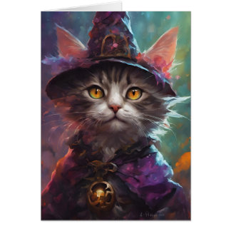 Cartão Autumn Halloween Kitten em uma fantasia de bruxa