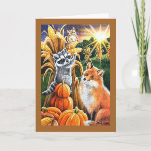 Cartão Autumn Harvest Corn Red Fox Raccoon Watercolor Art