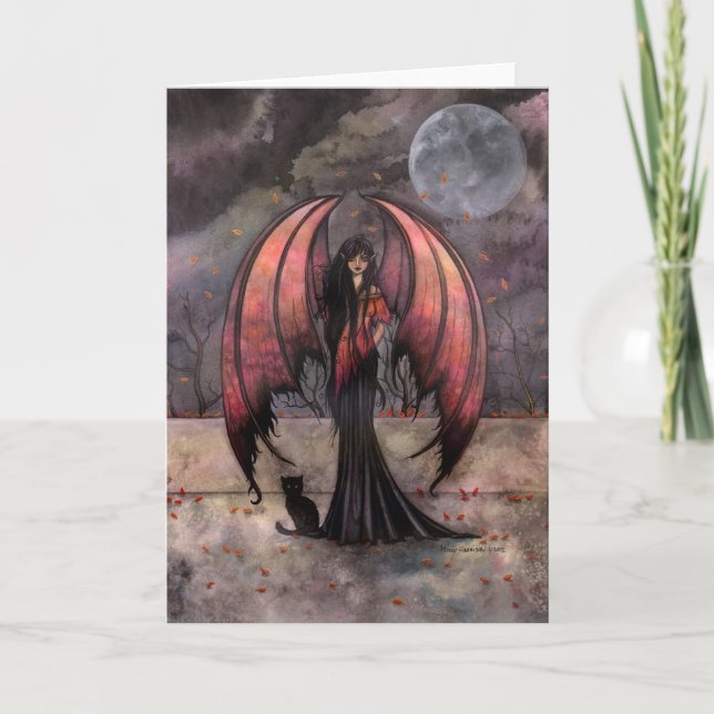 Cartão Autumn Mystique Gothic Fairy Fantasy and Cat Card (Frente)