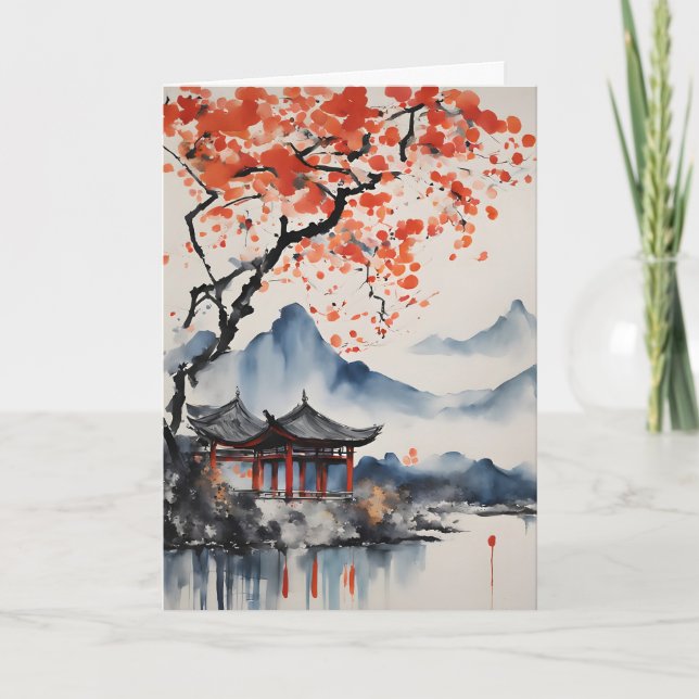 Cartão Autumn Tree e Temple Birday (Frente)