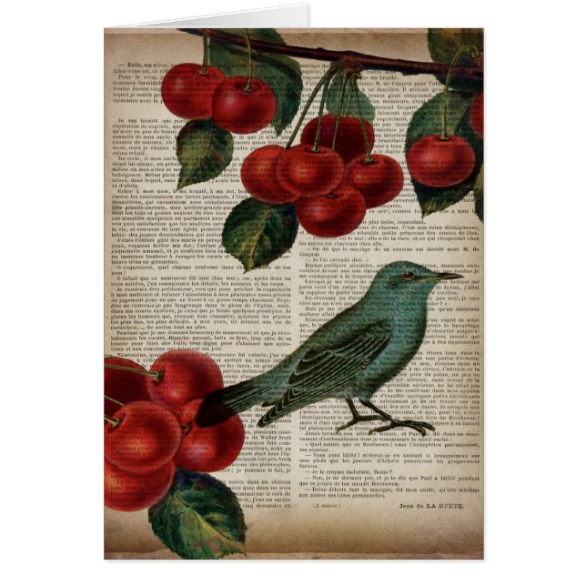 Cartão ave francesa retro botanical red cherry (Frente)