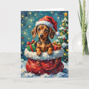 Cartão Aventura de Natal do Dachshund na Bolsa do Papai N