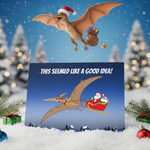 Cartão Aventura Divertida do Papai Noel com Pterodáctilo