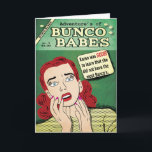 Cartão Aventuras dos borrachos #3 de Bunco - Karen foi<br><div class="desc">Adicione um bocado do humor a seu dia com este design inspirado Bunco. O cartão de Bunco caracteriza um cobrir de banda desenhada do estilo da velha escola. Características de design mulheres retros de um estilo. "Karen foi chocada para aprender que não teve a maioria de Bunco. O cartão engraçado...</div>