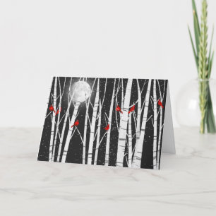 Cartão Aves Cardinais de Natal em Árvores de Aves