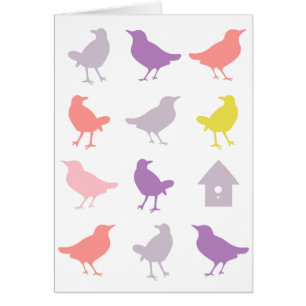 Cartão Aves de Pastel, rosa e roxo, com casa de aves