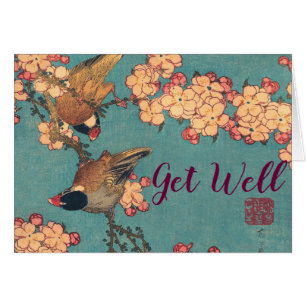 Cartão Aves e Flores Arte Japonesa Floral Rosa