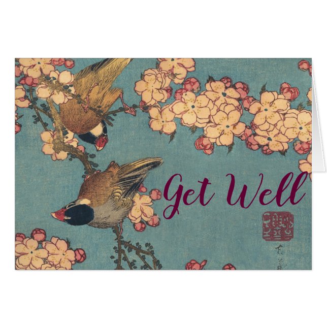 Cartão Aves e Flores Arte Japonesa Floral Rosa (Frente Horizontal)