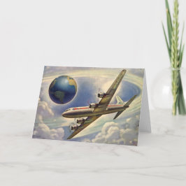 Cartão Avião Vintage Voando ao redor do mundo em nuvens