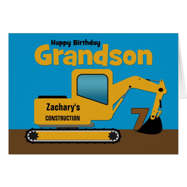 Cartão Avô 7 Birthday Yellow Excavator Add Name (Frente Horizontal)