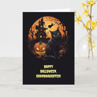 Cartão Avô, Cute Feliz Halloween Gato e Casa