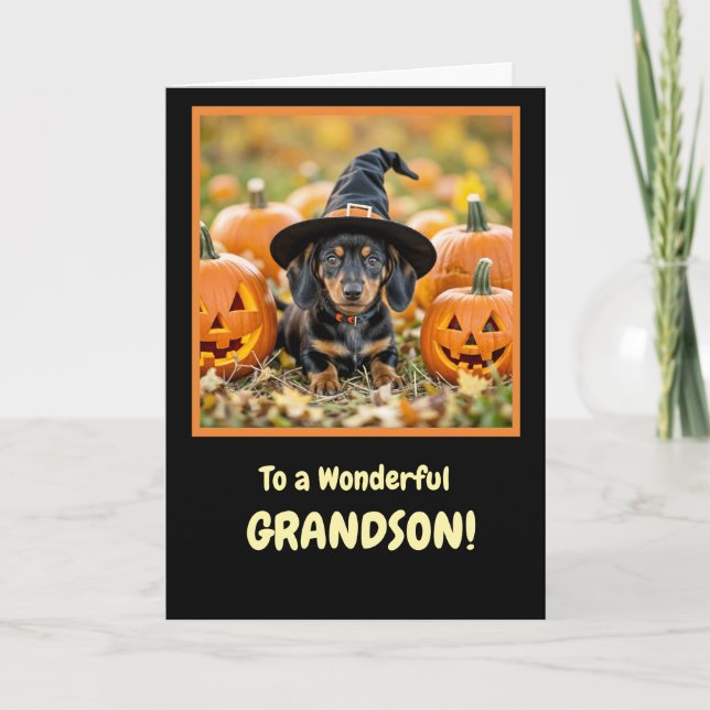Cartão Avô Feliz Halloween com um belo Dachshund (Frente)