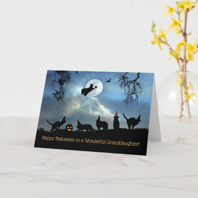 Cartão Avó Halloween com Gatos e Bruxas (Flor Amarela)