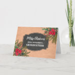 Cartão Avô Russo Chalkboard Feliz Natal<br><div class="desc">Feliz Natal para o cartão de avô com padrão rústico de quadro de chalkboard e folhagem de inverno com poinsettias.</div>