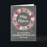 Cartão Avô Russo Chalkboard no Natal da Lei<br><div class="desc">Feliz Natal para a neta num cartão de direito com o padrão rústico do quadro-negro do país e coroa de neve com poinsetos.</div>