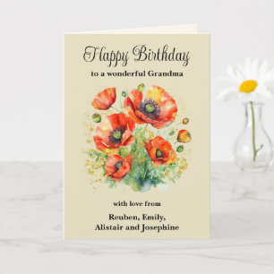 Cartão Avó Rustic Vermelho Papoulas Floral Feliz Aniversá