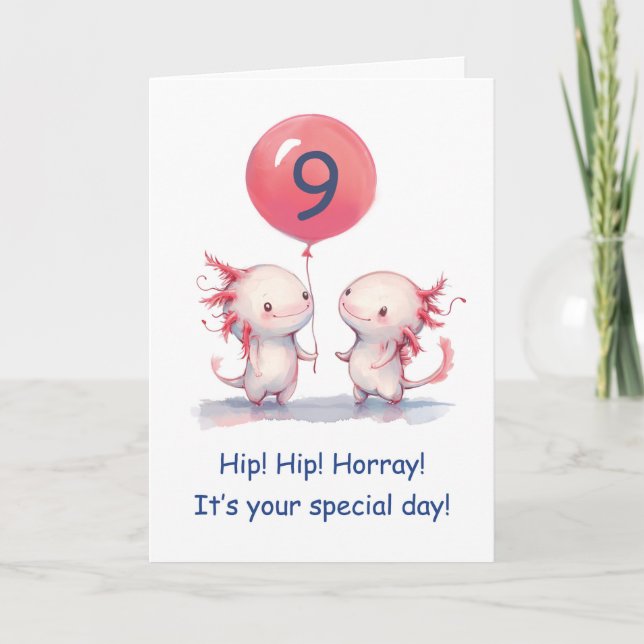 Cartão Axolotl 9.º aniversário Deseja rosa com um balão (Frente)
