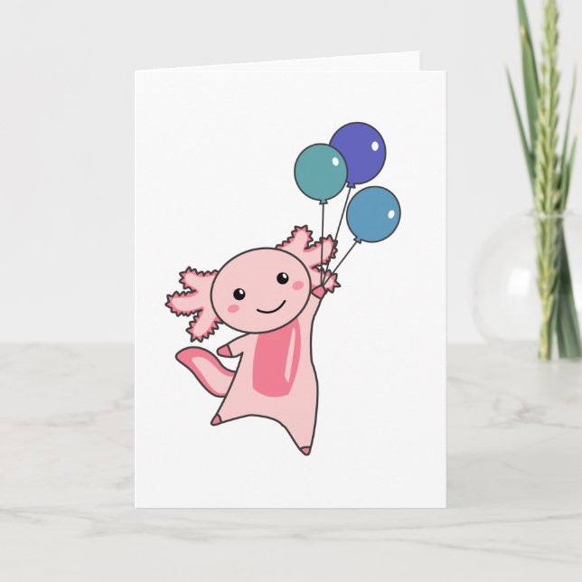 Cartão Axolotl Animal Doce Voa Com Balões Para Cima (Frente)