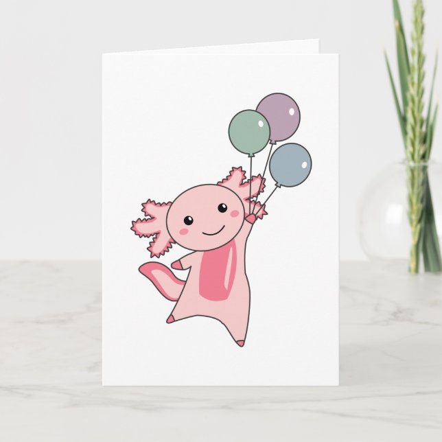 Cartão Axolotl Animal Doce Voa Com Balões Para Cima (Frente)