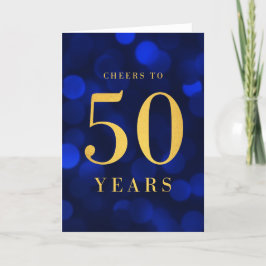 Cartão Azul Bokeh Dourado Saúde aos 50 anos de aniversári