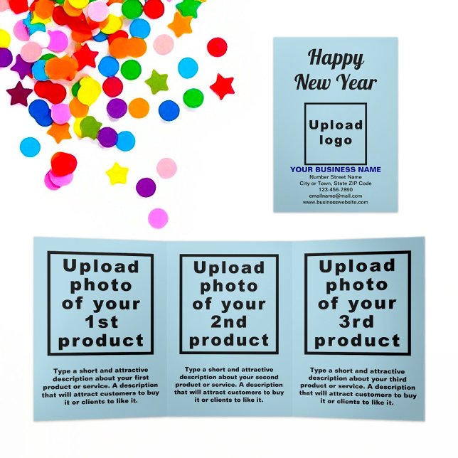 Cartão Azul Claro de Ano Novo para Empresas (New Year greeting, business brand and products on light blue trifold card)