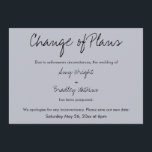 Cartão Azul de Casamento Adiado "Mudança de Planos<br><div class="desc">Aqui está um simples cartão para notificar seus convidados se for necessário mudar sua data de casamento. Use os campos modelo para adicionar seus detalhes pessoais e tornar este design único e moderno seu próprio. Todas as cores e fontes podem ser alteradas conforme você vê o ajustado. Por favor, responda...</div>