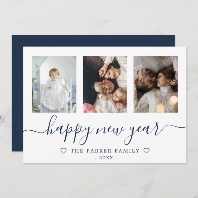 Cartão Azul de Colagem de Fotografias do feliz ano (Frente/Verso)