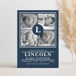 Cartão Azul de Nascimento do Bebê Monograma