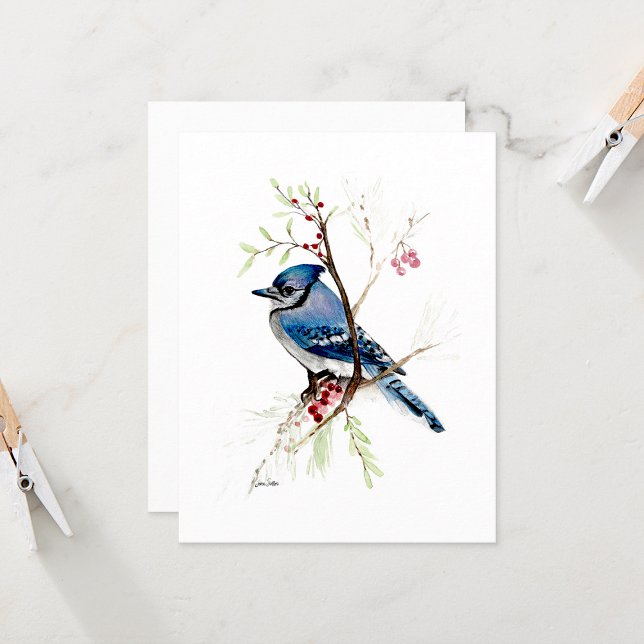 Cartão Azul De Nota De Água Linda (Blue Jay Beautiufl Watercolor Note Card by Jenn Steffen Art)