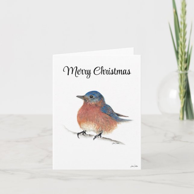 Cartão Azul de Pássaro Feliz Natal (Frente)