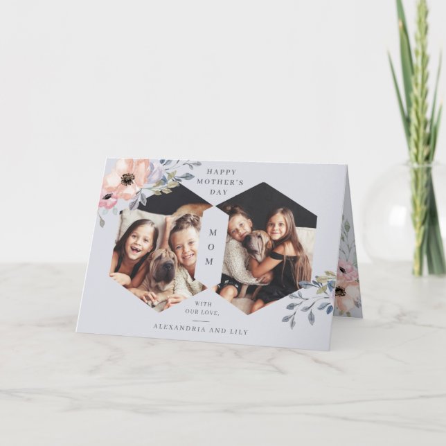 Cartão Azul Desbotado Floral Geométrico | Foto Dia das Mã (Frente)