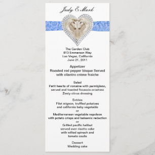 Cartão azul do menu do casamento do laço do