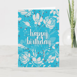 Cartão Azul e Branco Floral Aniversário