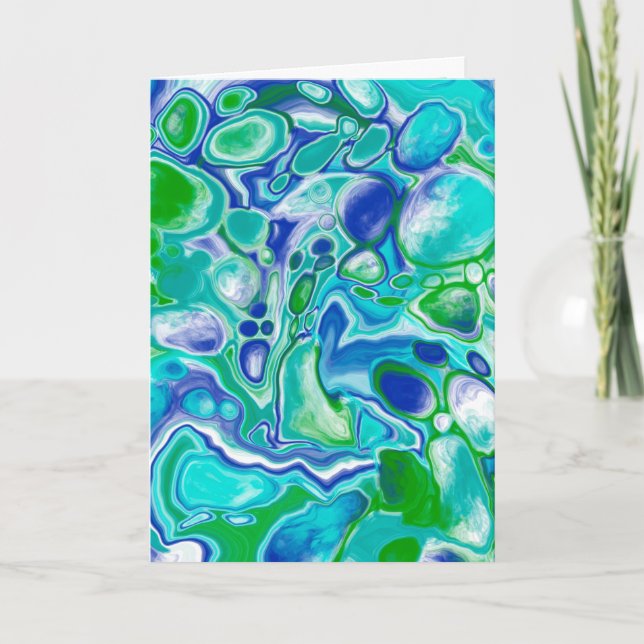 Cartão Azul e Verde Marble Fluid Art Aniversário (Frente)