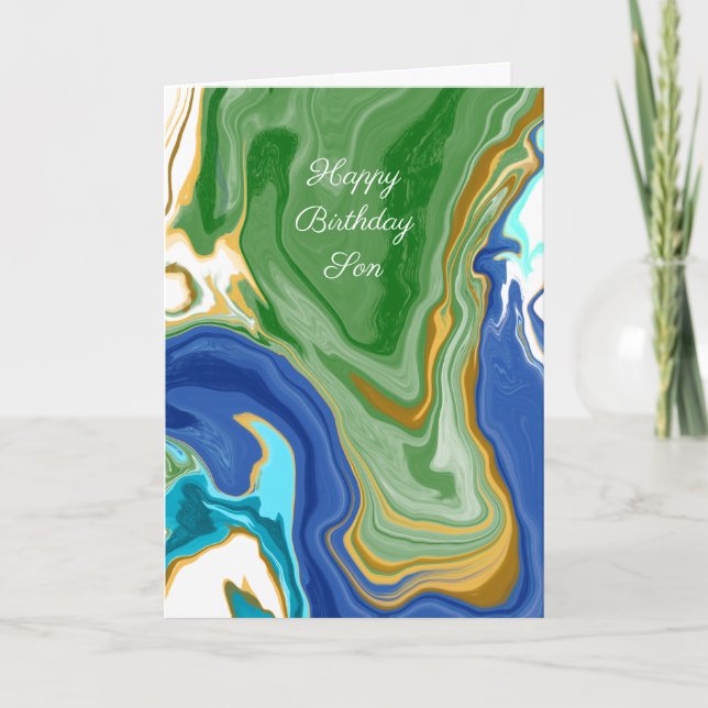 Cartão Azul e Verde Marble Personalizado Aniversário (Frente)