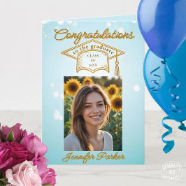 Cartão Azul Elegante de Formatura com Foto e Acentos Dour