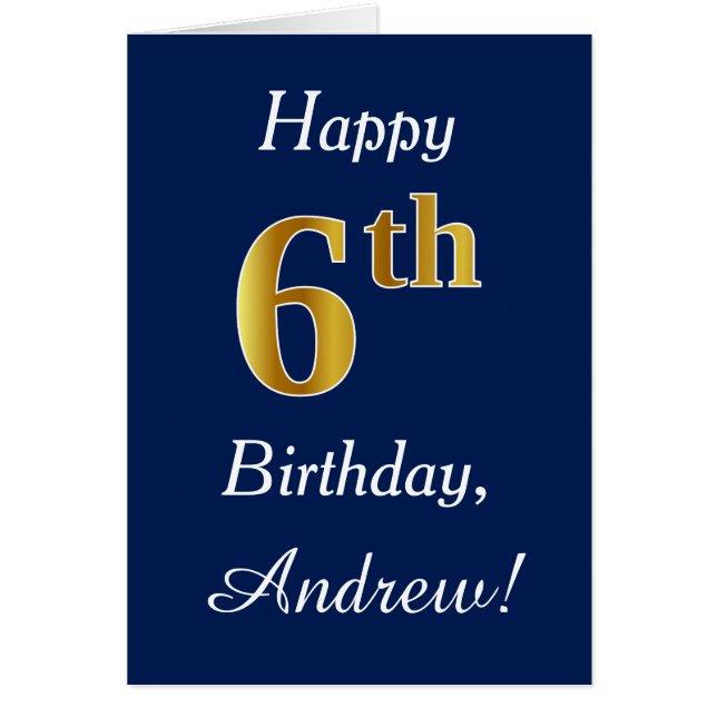 Cartão Azul, Faux Dourado 6 Aniversário + Nome Personaliz (Frente)