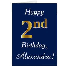 Cartão Azul, Faux Dourado segundo aniversário + Nome Pers