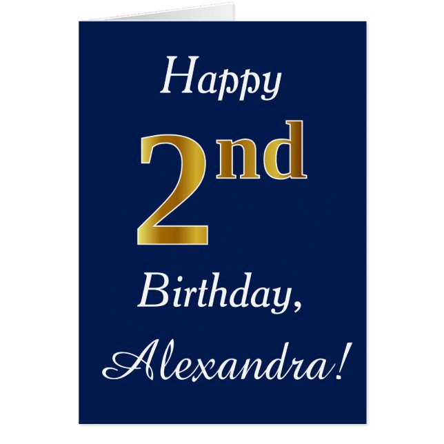Cartão Azul, Faux Dourado segundo aniversário + Nome Pers (Frente)
